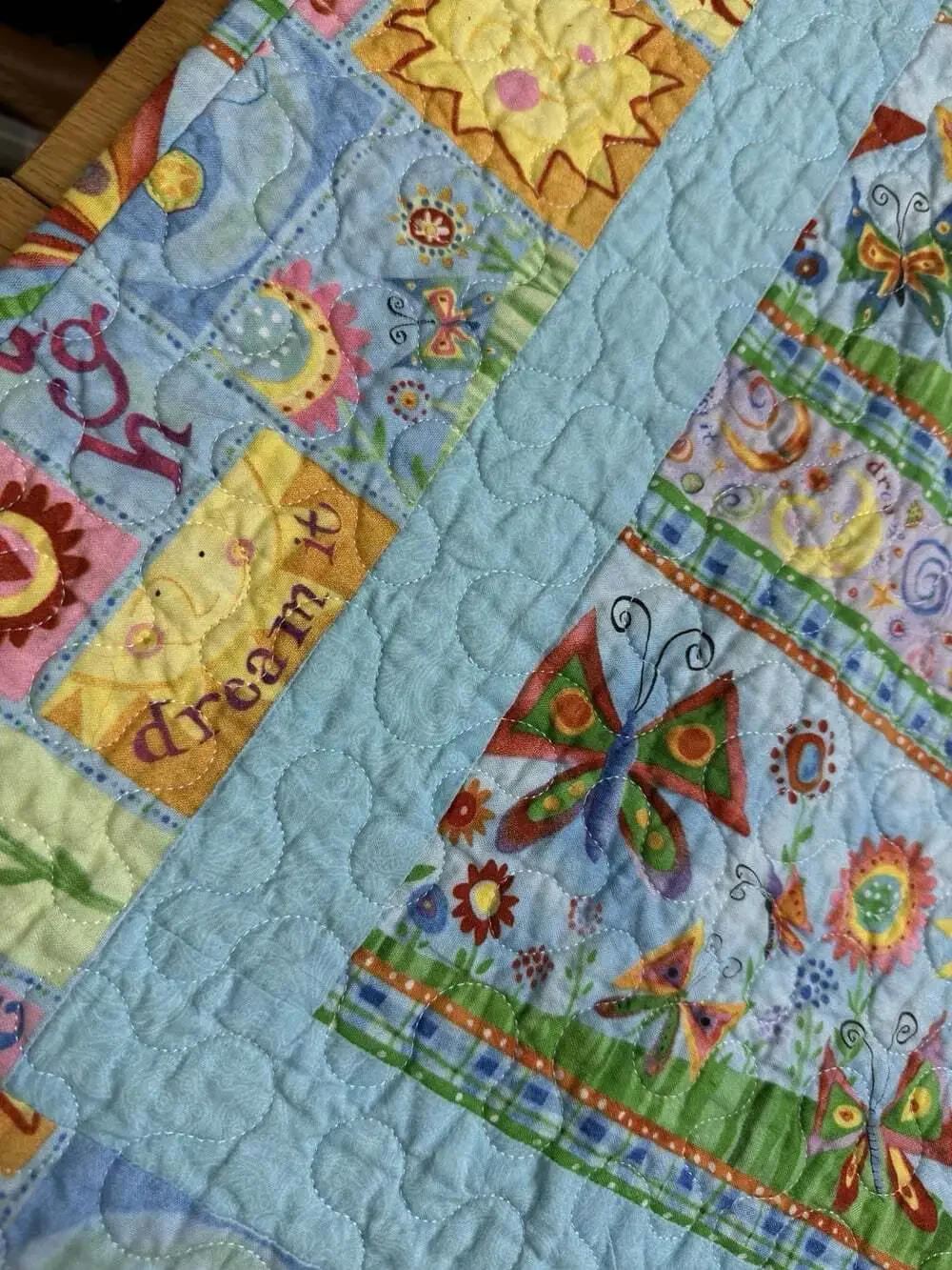 Handmade Baby/Toddler Quilt.  50”x39” Butterflies, Sunshine, multi-color